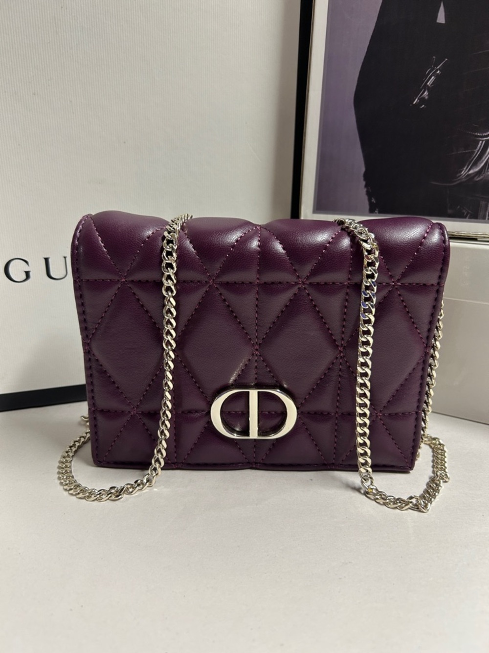 White House Black Market Quilted Purple Crossbody Bag with Silver Chain